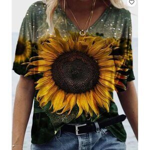 Sunflower V Neck T-Shirt Short Sleeve Womens Size XL Yellow Green NEW! Vibrant!